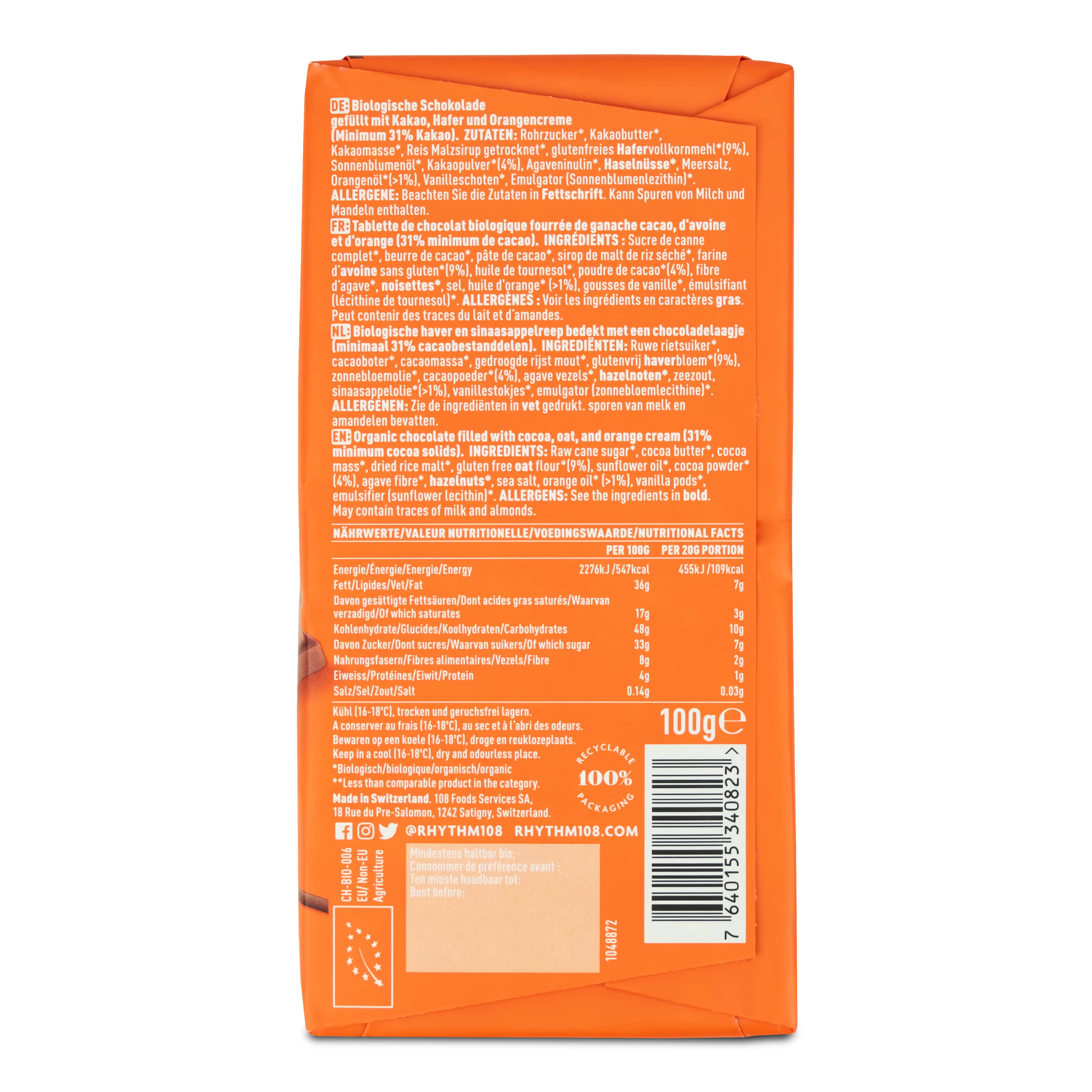 Rhythm108 - Wholesale Chocoladereep - Vegan M'lk Chocoladereep met Cacao Sinaasappel vulling 100 g8