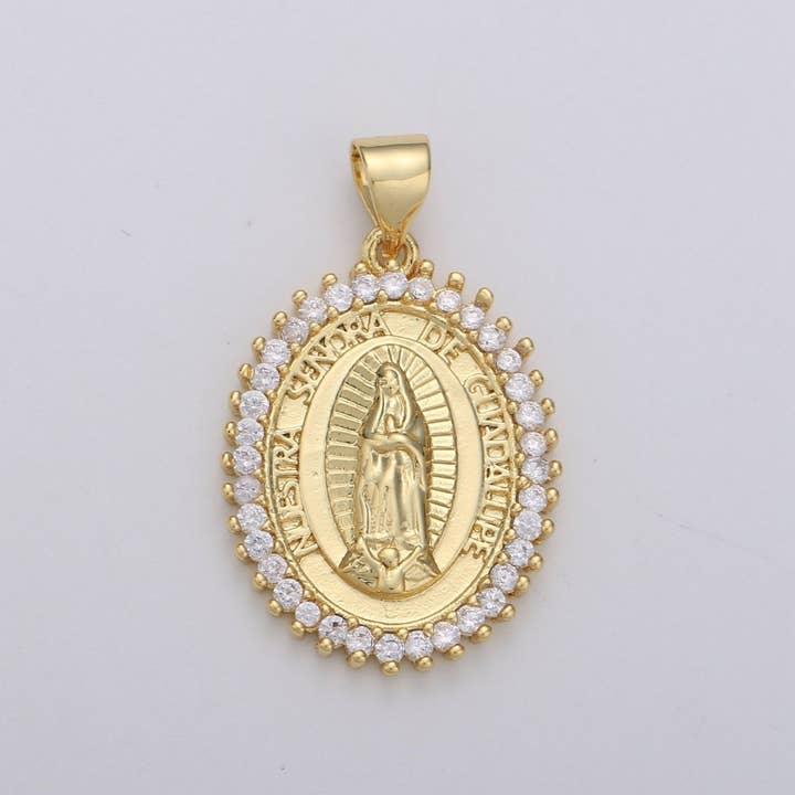 Aim Eternal - Wholesale Pendant/Charm Necklace - Overstock Clearance 24k Gold Filled Virgin Mary Pendant Necklace Pink Micro Pave Virgen de Guadalupe Medallion Pendant for Necklace Religious Jewelry Supply I-649 I-650