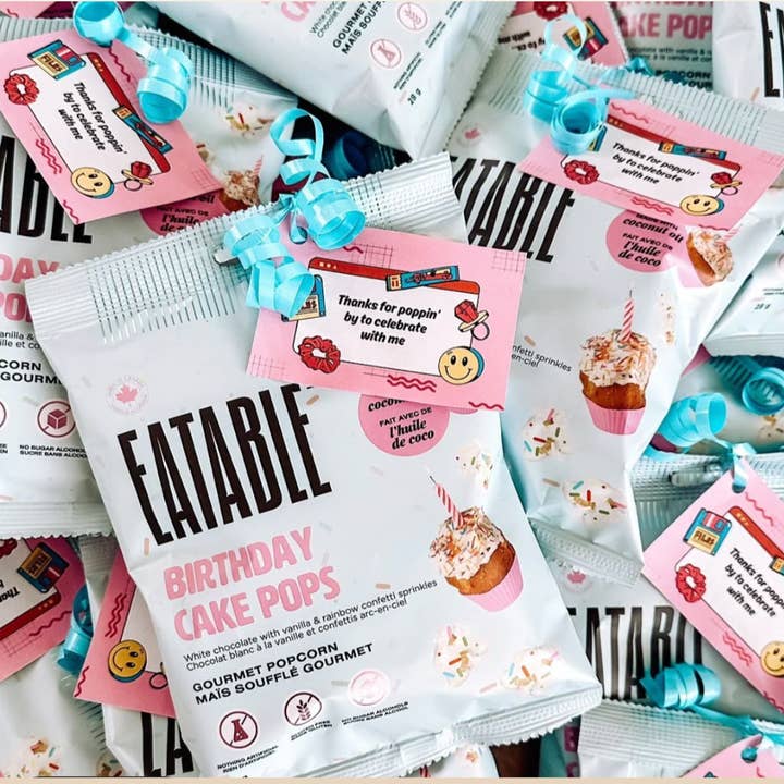 EATABLE Popcorn - Wholesale Popcorn - Mini Birthday Cake Pops - White Chocolate Rainbow Popcorn