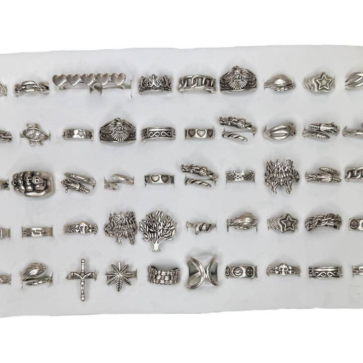 Loli - Wholesale Jewelry Set - Vintage Silver Color 50 Adjustable Rings Prepack & Display