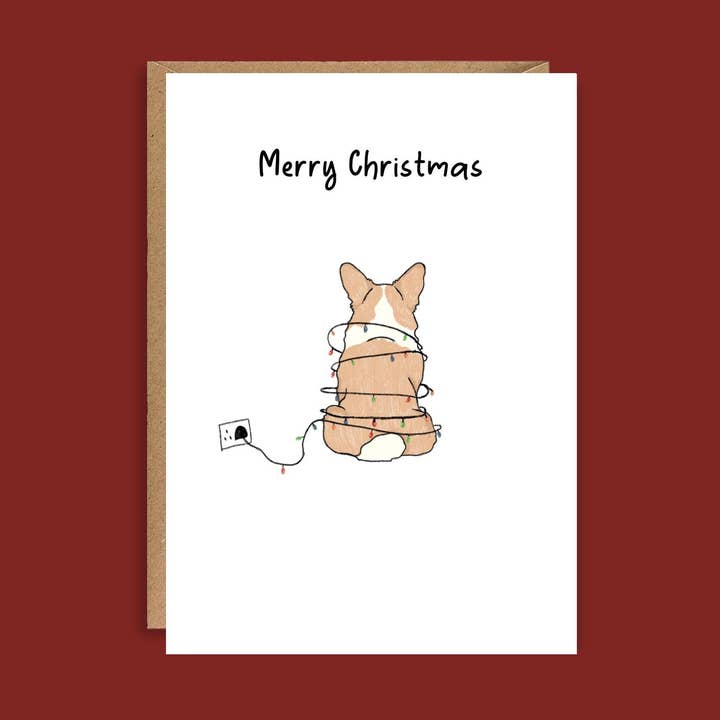 Illustrated Pembroke Welsh Corgi Christmas Card A5 for wholesale by EscDesignsUK