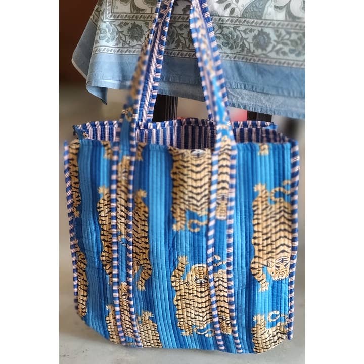 Blue Tiger Cotton Quilted Tote Bag for wholesale by Ayras World