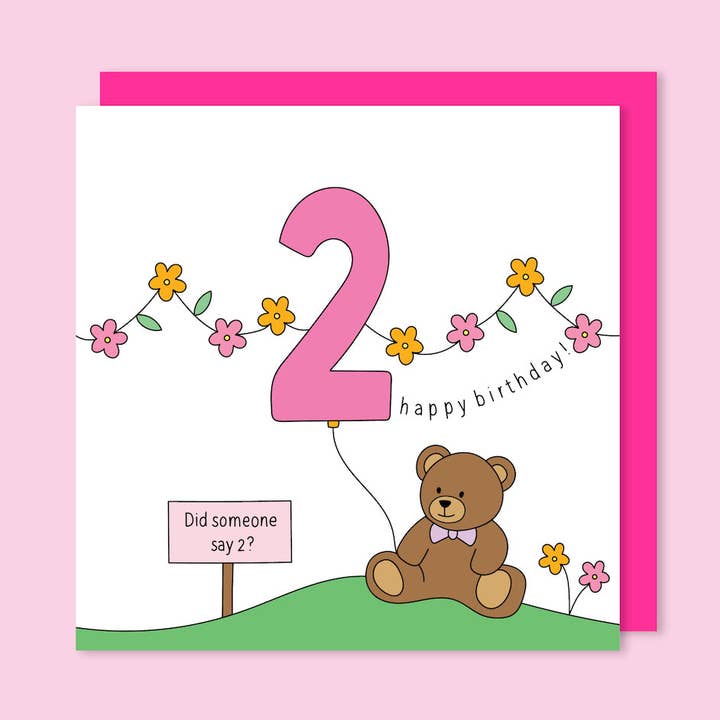 Teddy Themed Children's Birthday Girl Card Age 2 for wholesale by t'art designs