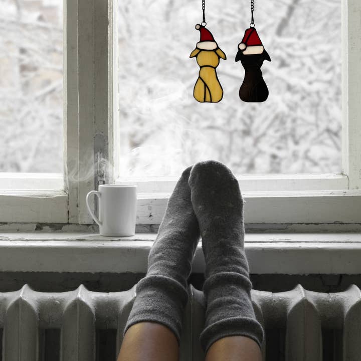 River of Goods - Wholesale Suncatcher - 5.5”H White & Black Pups in Hats Stained Glass Window Panel
