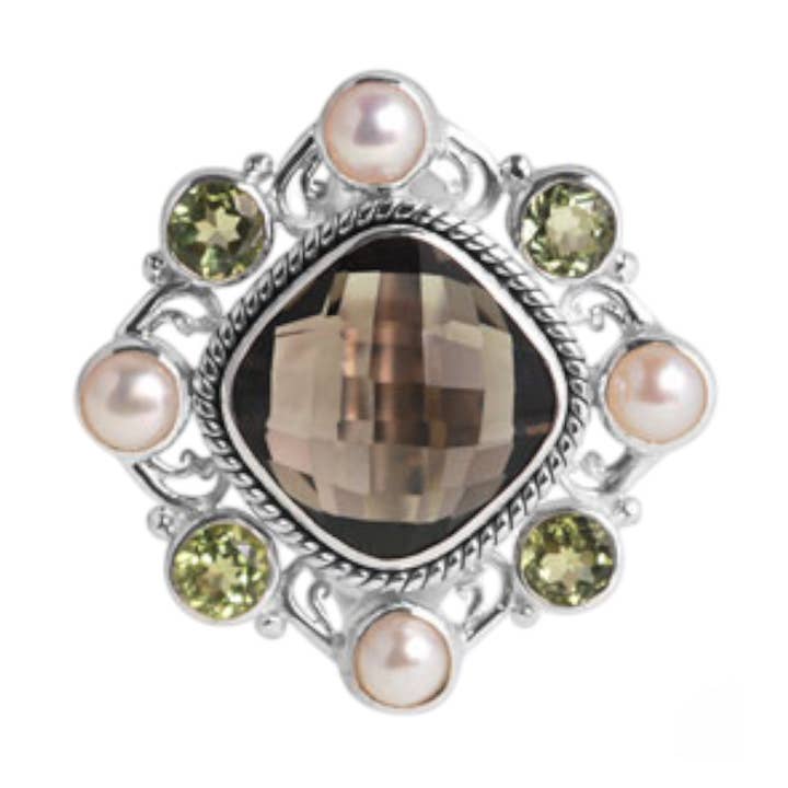 Sterlingsølvring størrelse 6 med perle, peridot og røgkvarts for engroshandel hos Kamaron Bali