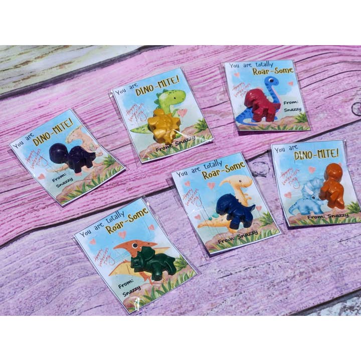 Snazzy Crayons - Vendita all'ingrosso Regalini per gli invitati - Biglietti di San Valentino con dinosauri con pastelli