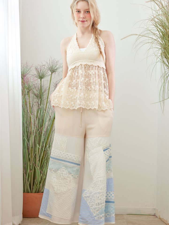 Beige SkyBlue Boho Crochet Lace Pattern Pants for wholesale on Faire1