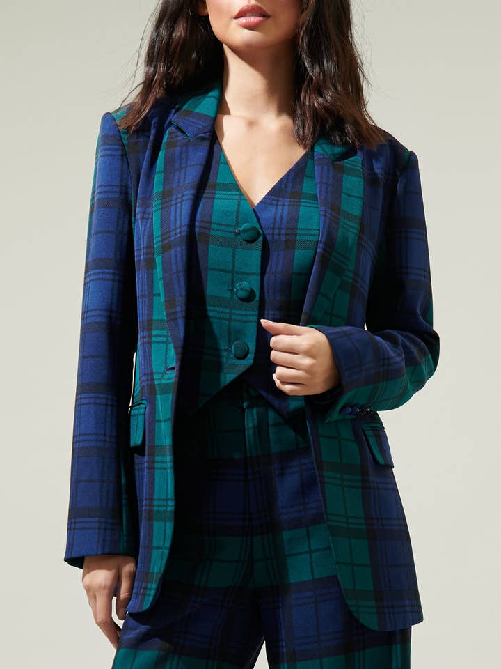 NAVY GREEN MULTI Hudson Plaid Suave Fitted Notch Lapel Blazer for wholesale on Faire