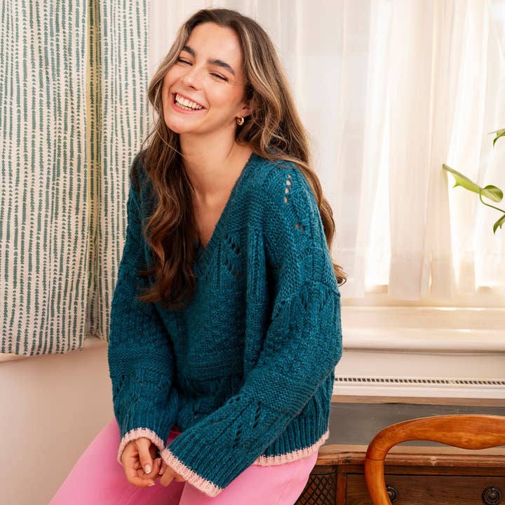 Cara & The Sky - Wholesale Knit Sweater - Women's - Zoe Pointelle V Neck Wide Sleeve Jumper - Teal