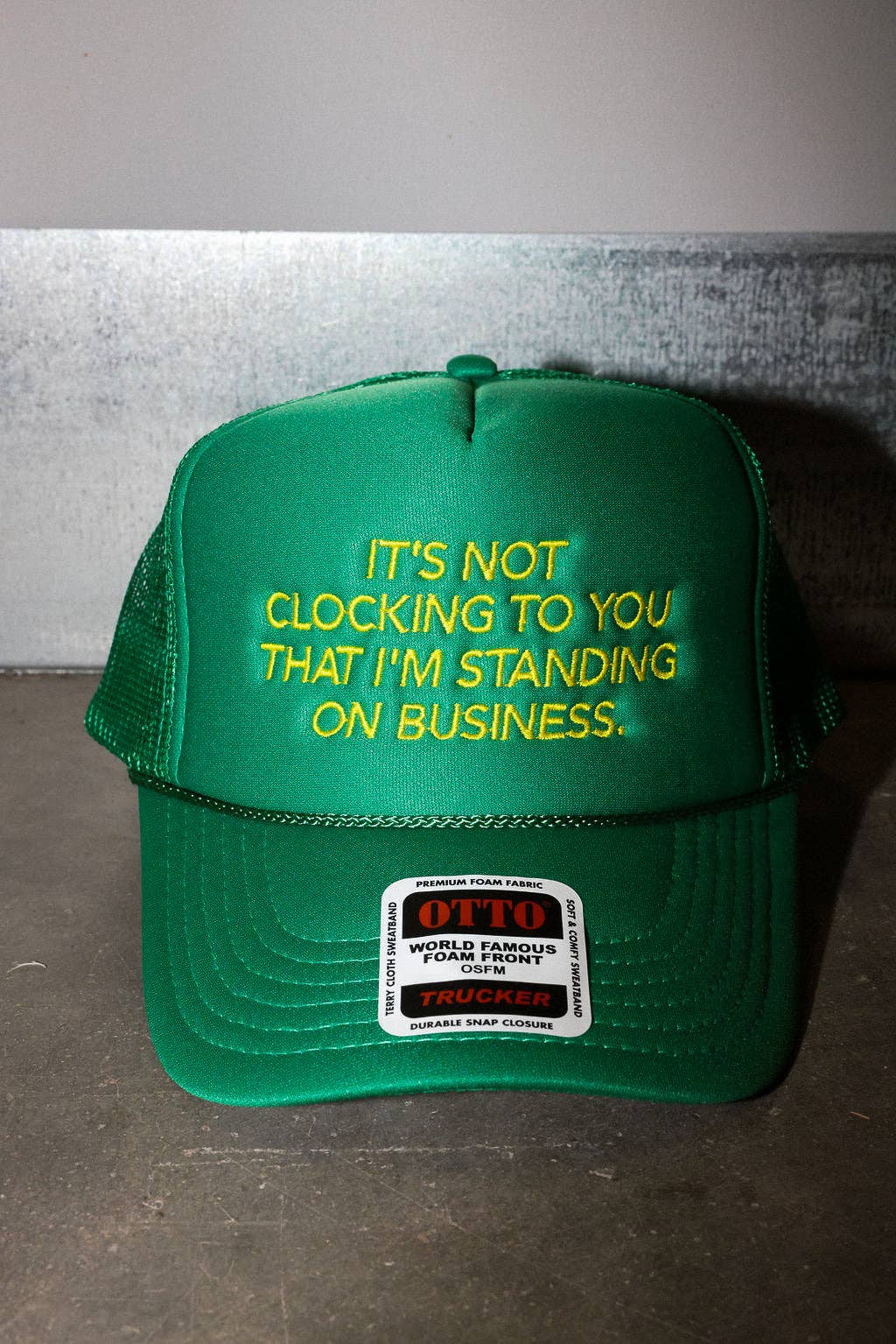 Burnt Toast - Wholesale Trucker Hat - Unisex - It's Not Clocking Green Embroidered Trucker Hat