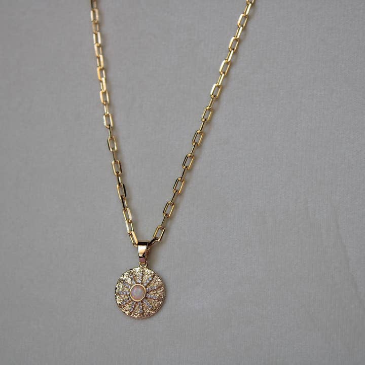 Gold Opal Sunburst Coin Pendant for wholesale on Faire4