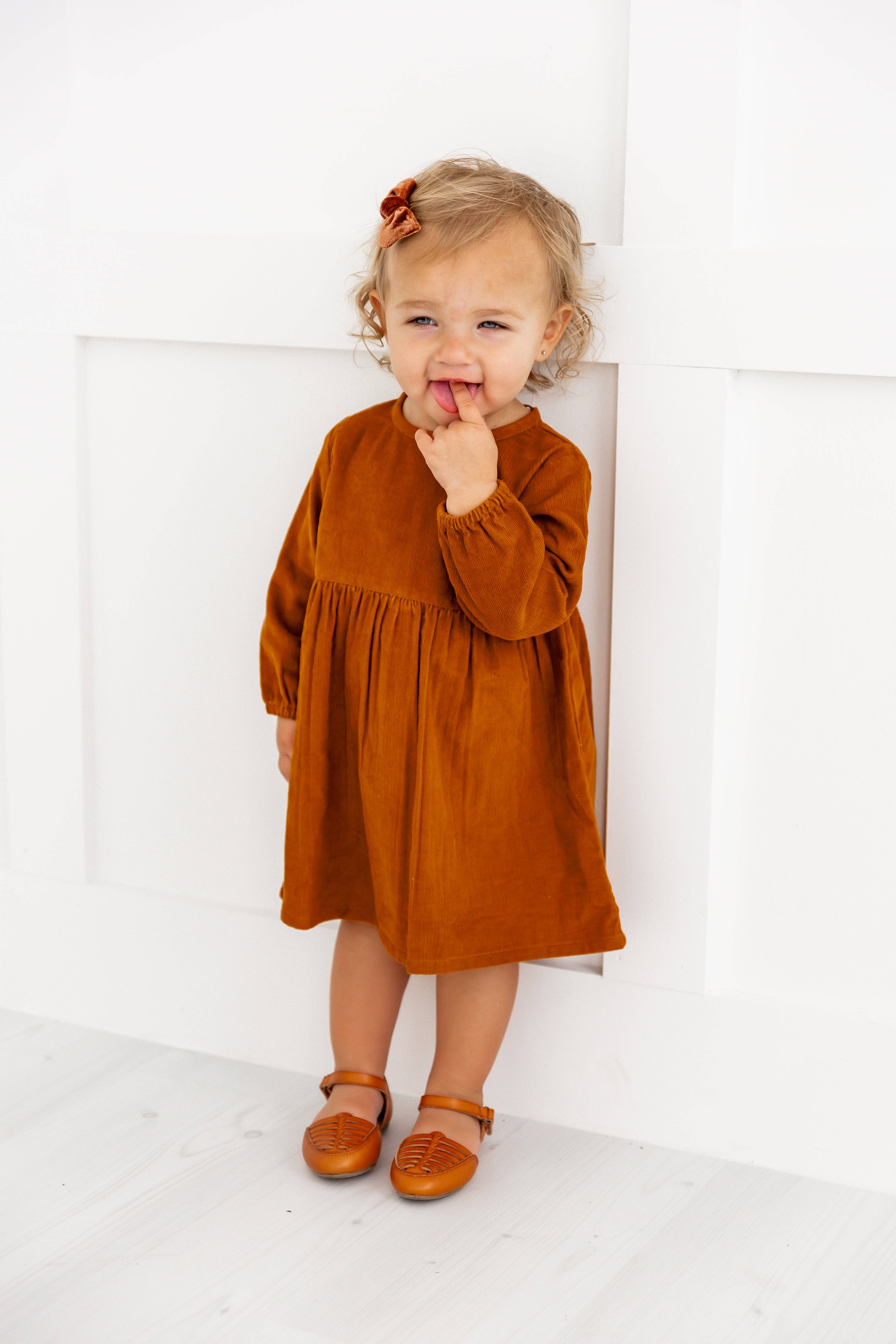 Yo Baby - Wholesale Dress - Kids - Rust Corduroy Solid Color Long Sleeves Gathered Dress10