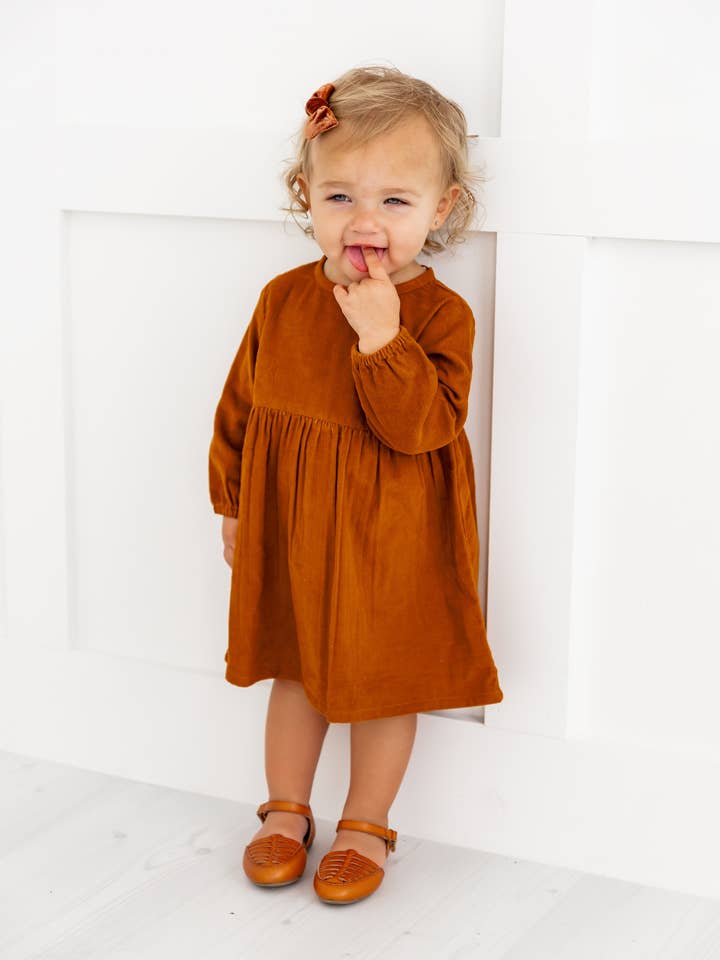 Yo Baby - Wholesale Dress - Kids - Rust Corduroy Solid Color Long Sleeves Gathered Dress10