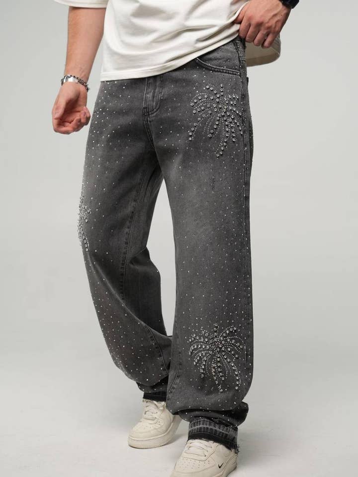 Baggy Wash Volledig Stoned Palm Denim Jeans Grijs voor wholesale door PremiumDenim