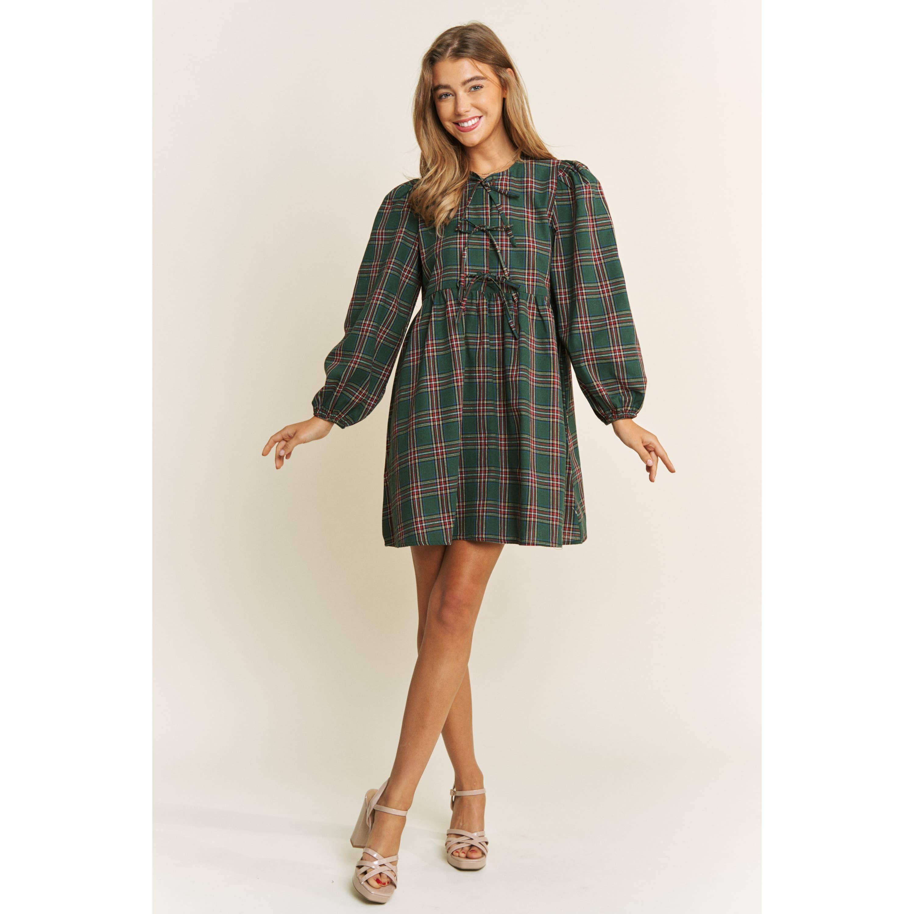 Sweet Generis - Wholesale Dress - Women's - SOFT PLAID WOVEN FABRIC BABYDOLL BOW MINI DRESS3