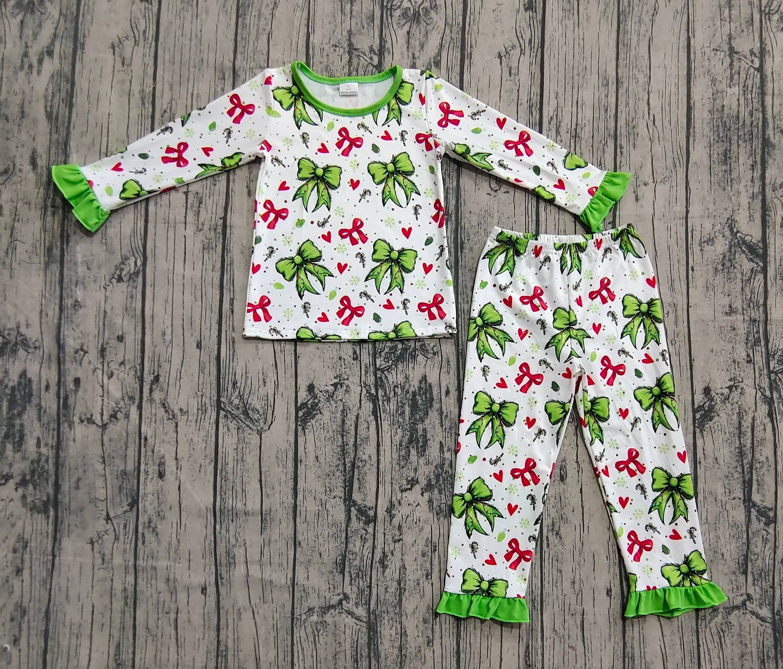 Aier Wholesale - Wholesale Sleepwear Set - Kids - Baby Girls Christmas Green Red Bows Hearts Top Pant Pajamas Sets1
