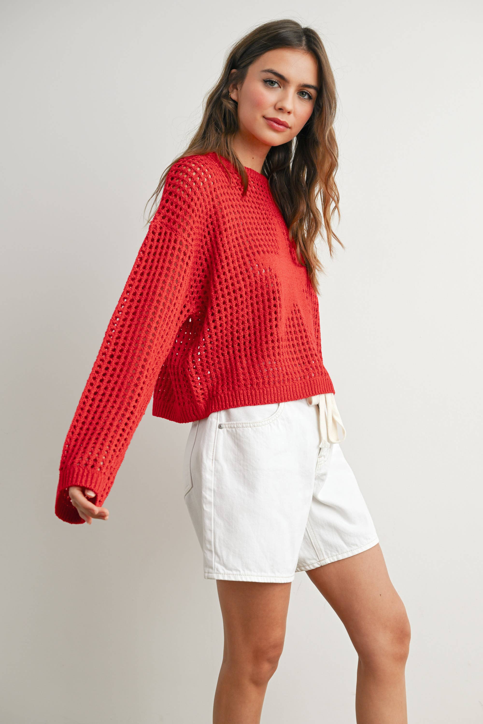 BUTTERMELON - Wholesale Knit Sweater - Women's - Crew Neck Crochet Sweater - BMW763314