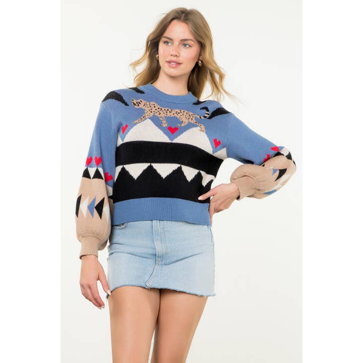 Maglione lavorato a maglia a blocchi di colore con motivo animale per la vendita all'ingrosso da parte di THML