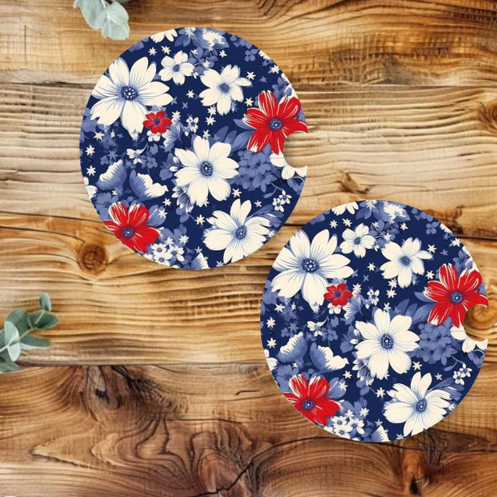 Red, White, & Blue Neoprene Car Coaster Set for wholesale by Prairie Chicken Sticker Shop & Gifts