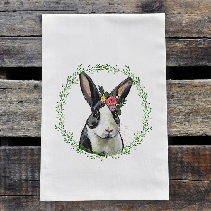 Rabbit Flour Sack Towel, Easter Tea Towel, Rabbit Tea Towel for wholesale by Hippie Hound Studios