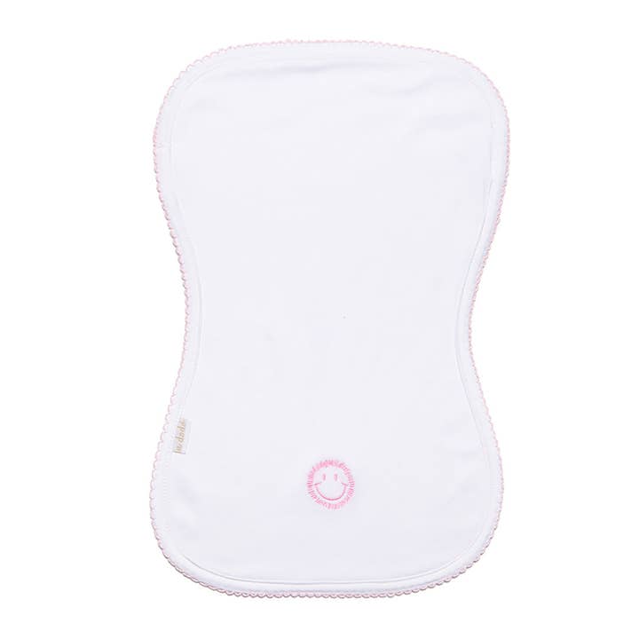 Tissu Cookies Burp, blanc avec bordure rose pour la vente par A Dodo Baby