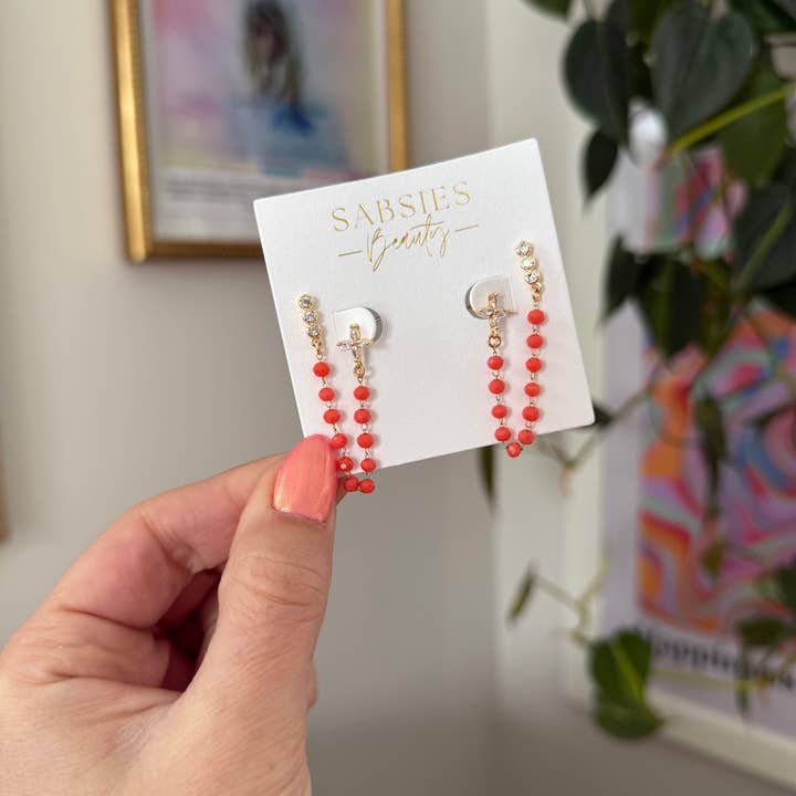 Coral Beaded Chain Crystal Double Stud for wholesale by Sabsies Beauty