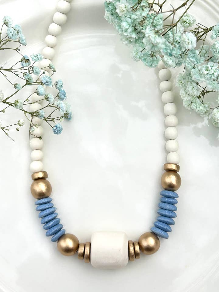 UNC blue beaded statement necklace gift for women for wholesale by April Mae Designs