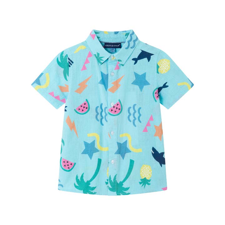 Light Blue Kids (2-7) Fun Print Buttondown Set | Tropical Adventure for wholesale on Faire