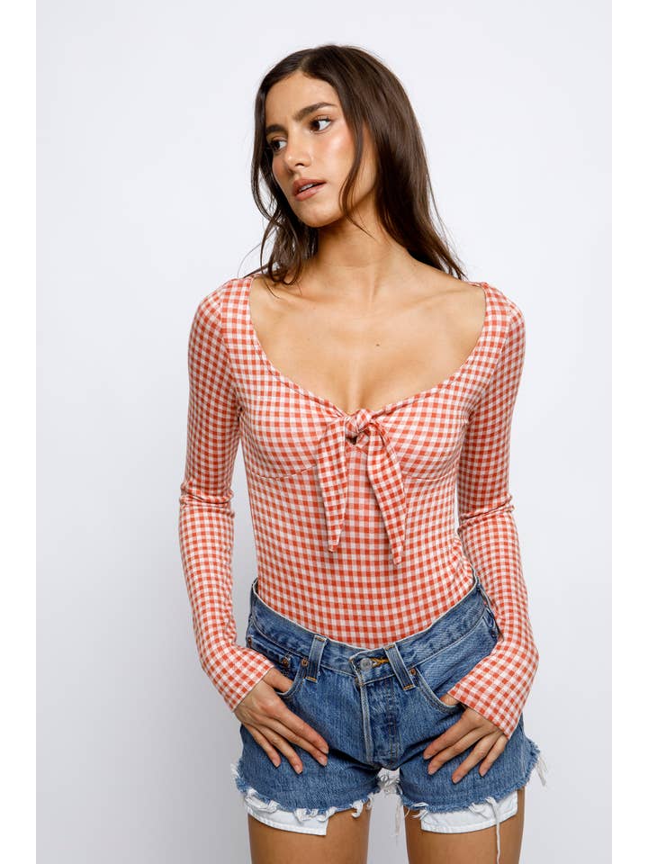 Red Check BT2472- Gingham Print Bow Bodysuit for wholesale on Faire