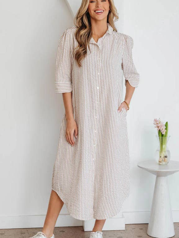 Khaki Stripe Frilled Collar Half Sleeve Shirt Maxi Dress for wholesale by Sweet Lover Fashion