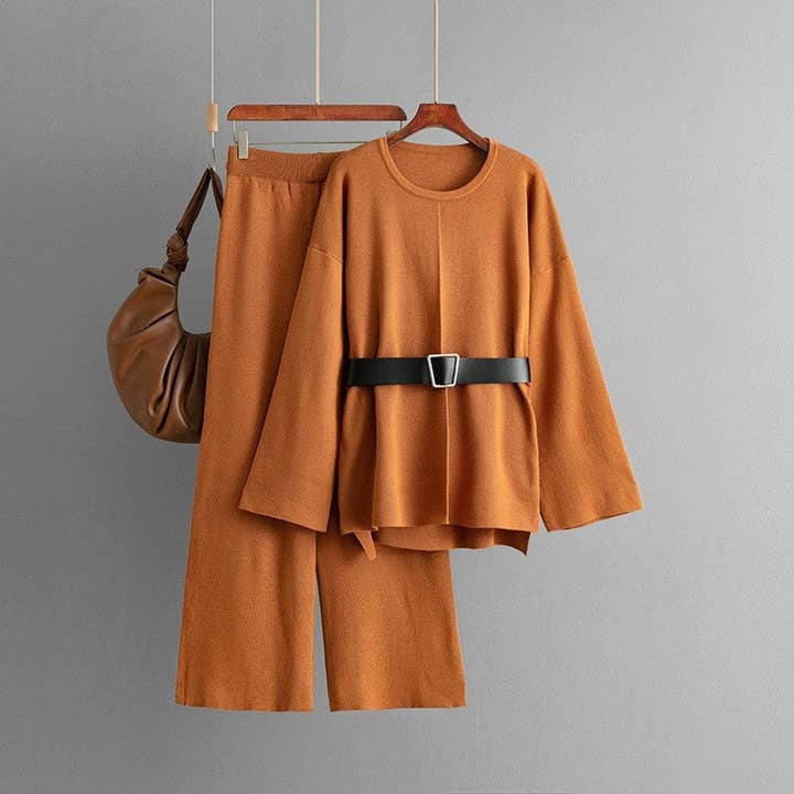 kycozy - Wholesale Top & Pant Set (NOT Loungewear) - Women's - Belted Sweater High Waist Pants Set1