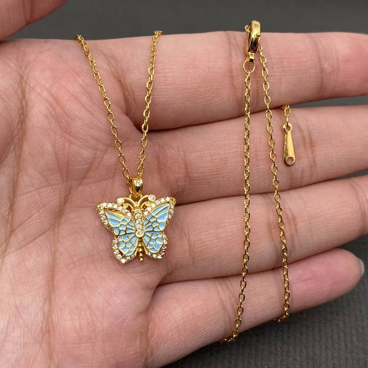 Rhinestone Inlaid Enamel Butterfly 18K Gold Plated Necklace for wholesale by Mio Queena