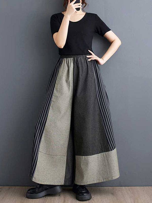 GRAY High Waisted Loose Elasticity Pockets Split-Joint Striped Pants Trousers for wholesale on Faire2