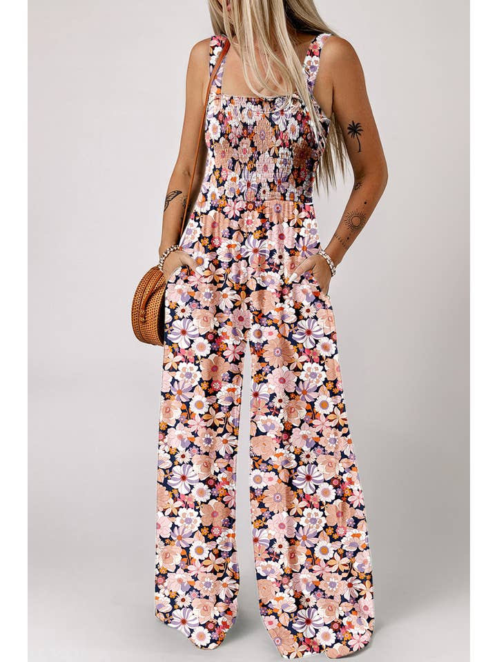 1 the Woman - Wholesale Jumpsuit - Women's - Spring Floral Print Smocked High Waist Square Neck Jumpsuit