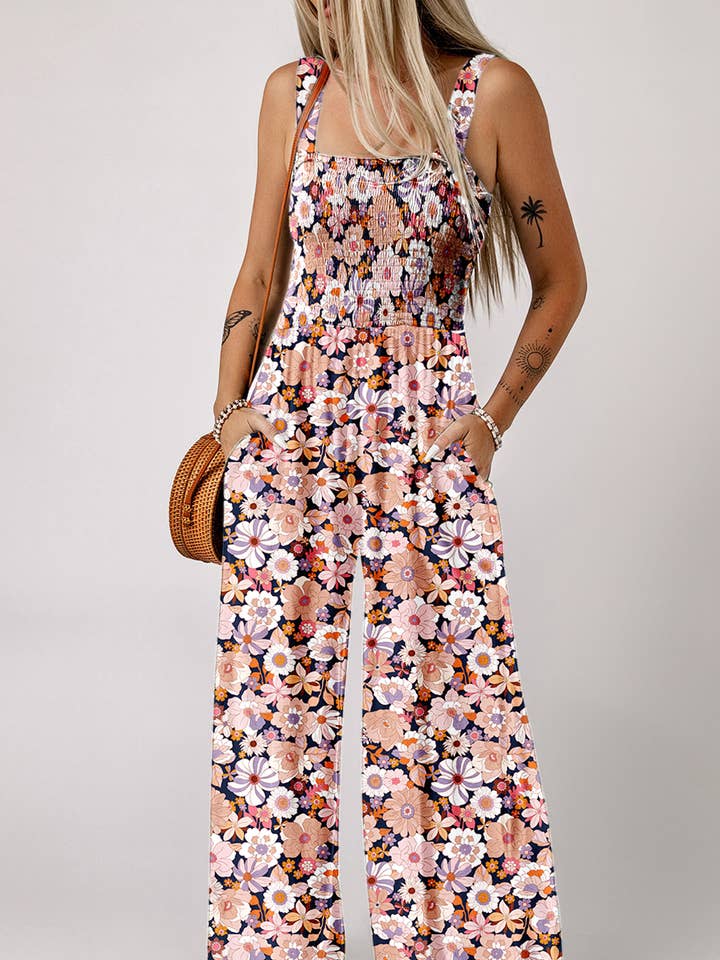 Floral Print Smocked High Waist Square Neck Jumpsuit for wholesale by FULL TIME PURCHASE