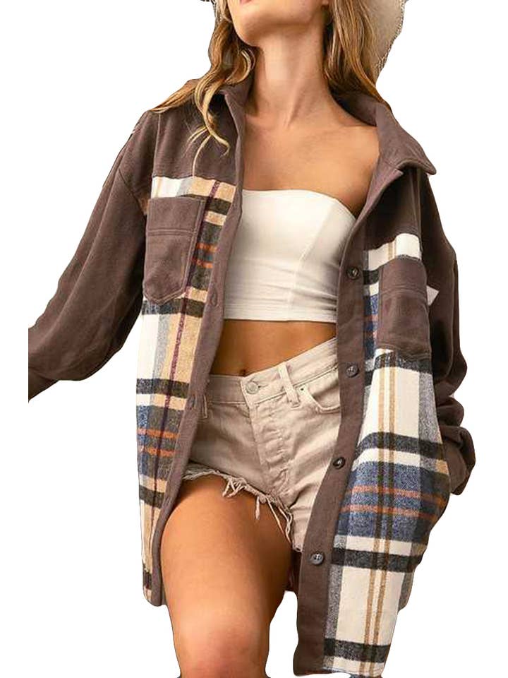 Vanilla Monkey - Wholesale Shirt Jacket/Shacket - Women's - Vintage Plaid Contrast Oversized Fleece Jacket4