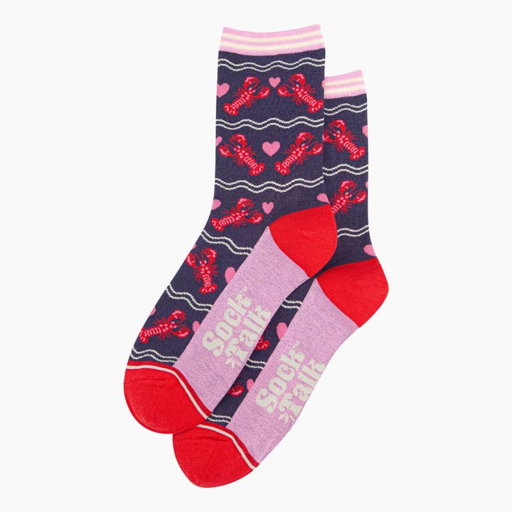 Sock Talk – Meias - Mulher por atacado – Meias de Bambu para Mulher - Azul Marinho, Lagostas com Corações1