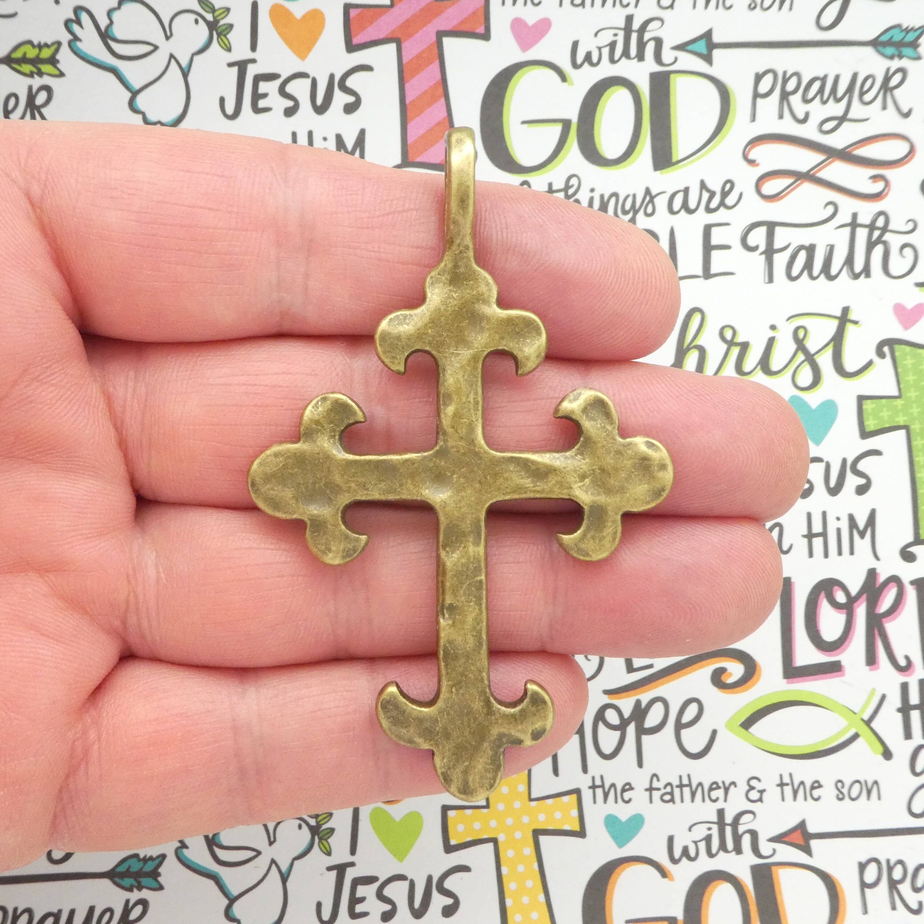 Treasure Island - Wholesale Individual Charm/Pendant - Hammered Christian Cross Charm Pendant, Bronze Pewter