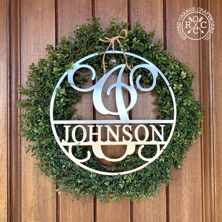 15" Circle Monogram with Name - Monogram Last Name Signs for Home for wholesale by Rusted Orange Craftworks Co.