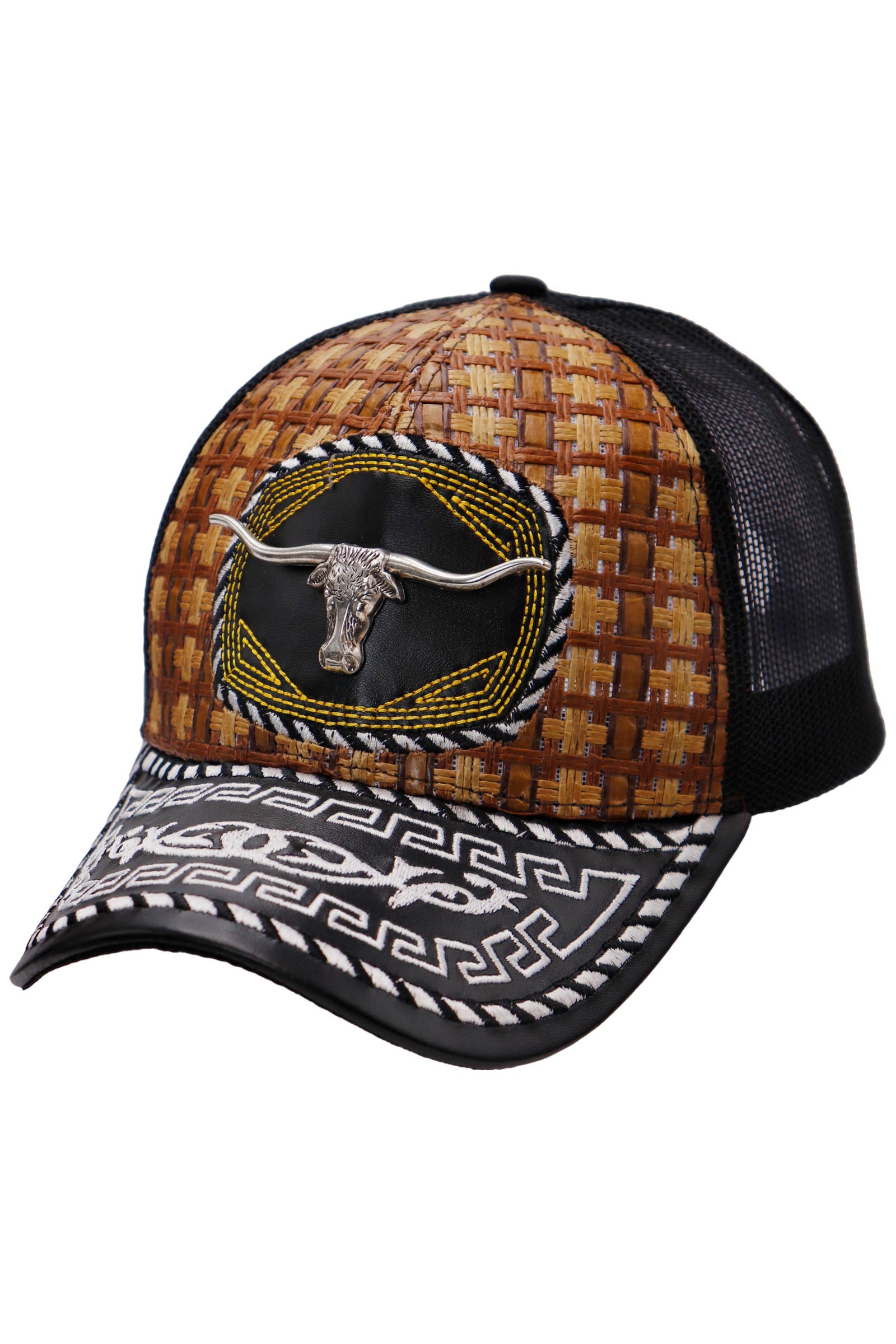Cap Zone - Wholesale Trucker Hat - Unisex - Silver Emblem Vegan Leather Straw Mesh Charro Cap10
