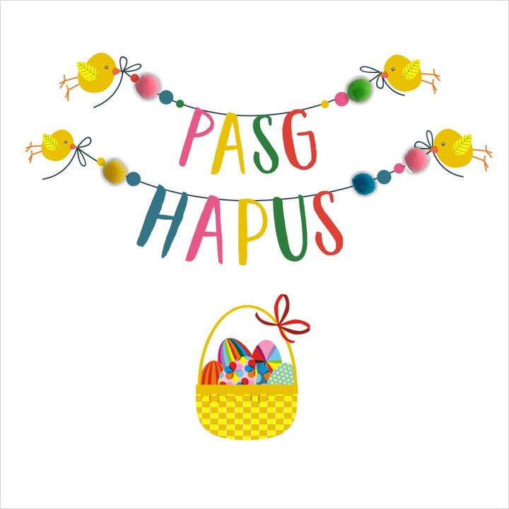 Claire Giles Ltd - Wholesale Easter Card - Welsh Easter Card, Pasg Hapus, Chicks with Bunting, Pompom Embellishe1