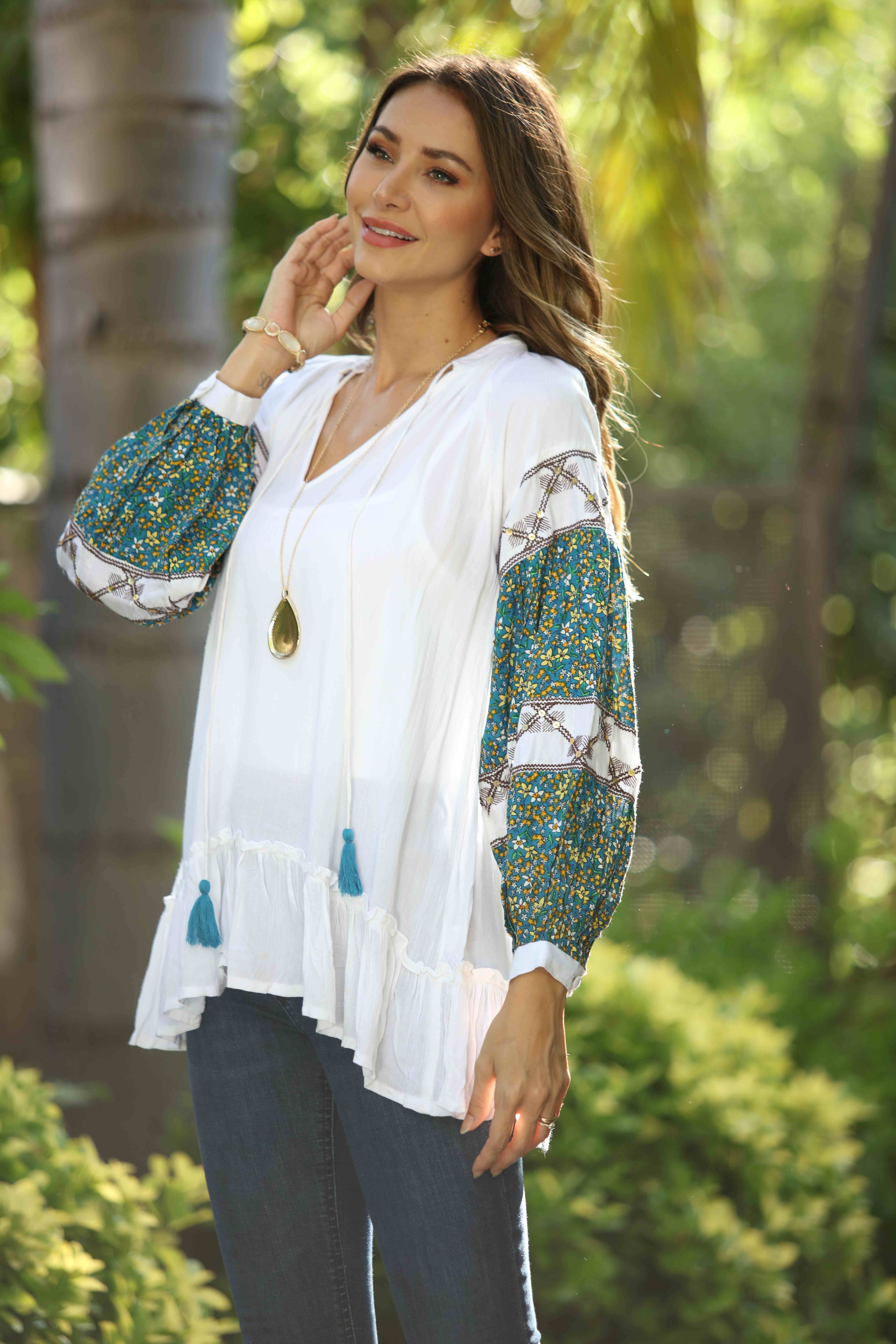 Ananda's Fashion – Túnica - Mulher por atacado – Blusa feminina de manga longa com bordado floral para primavera e verão2