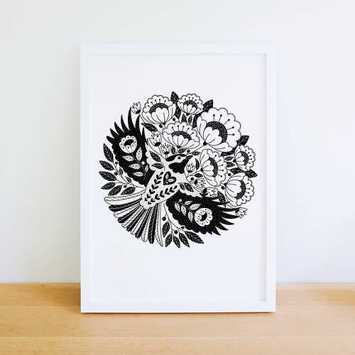 Black and White Folk Floral Bird Print - A5 or A4 for wholesale by Wensdi Made