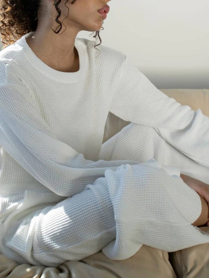 HIDDENBRAND - Wholesale Lounge Set - Women's - Waffle crop long sleeve top wide leg pant two piece set10