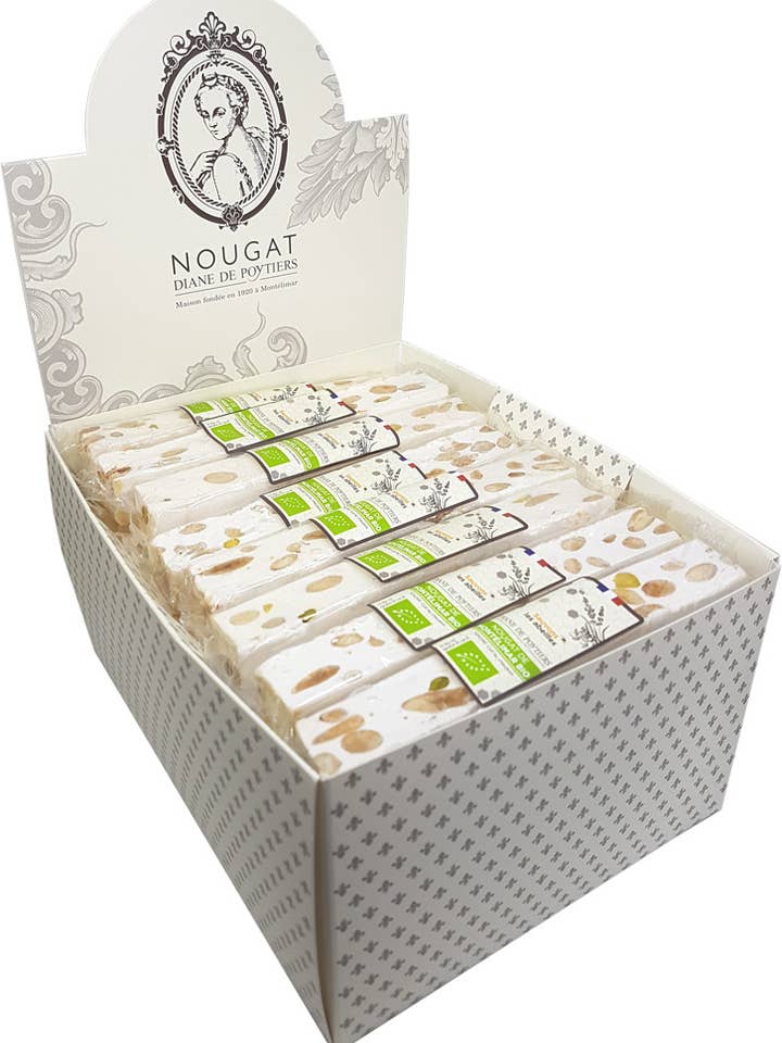 Zarter BIO Montélimar Nougat-Riegel 50 g im Display für den Großhandel von Nougat Diane De Poytiers