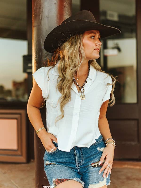 Ivory Collared Button Down Ruffle Short Sleeve Top for wholesale by LUCKY & BLESSED
