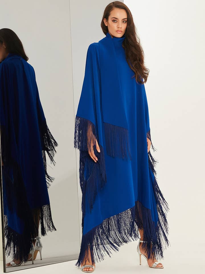 Royal Blue Fringed Kaftan Dress With Tie Neck Detailed for wholesale by Store WF