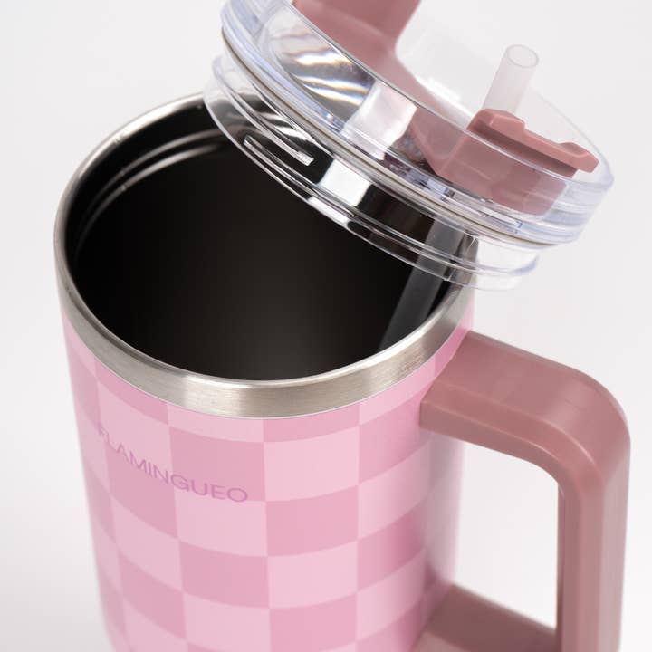 Flamingueo - Wholesale Insulated Mug/Tumbler - Botella termo de acero inoxidable a cuadros rosa2