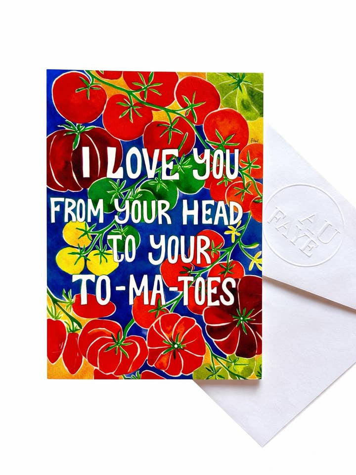 love you tomatoes A6 hand painted greetings card for wholesale by Au Faye