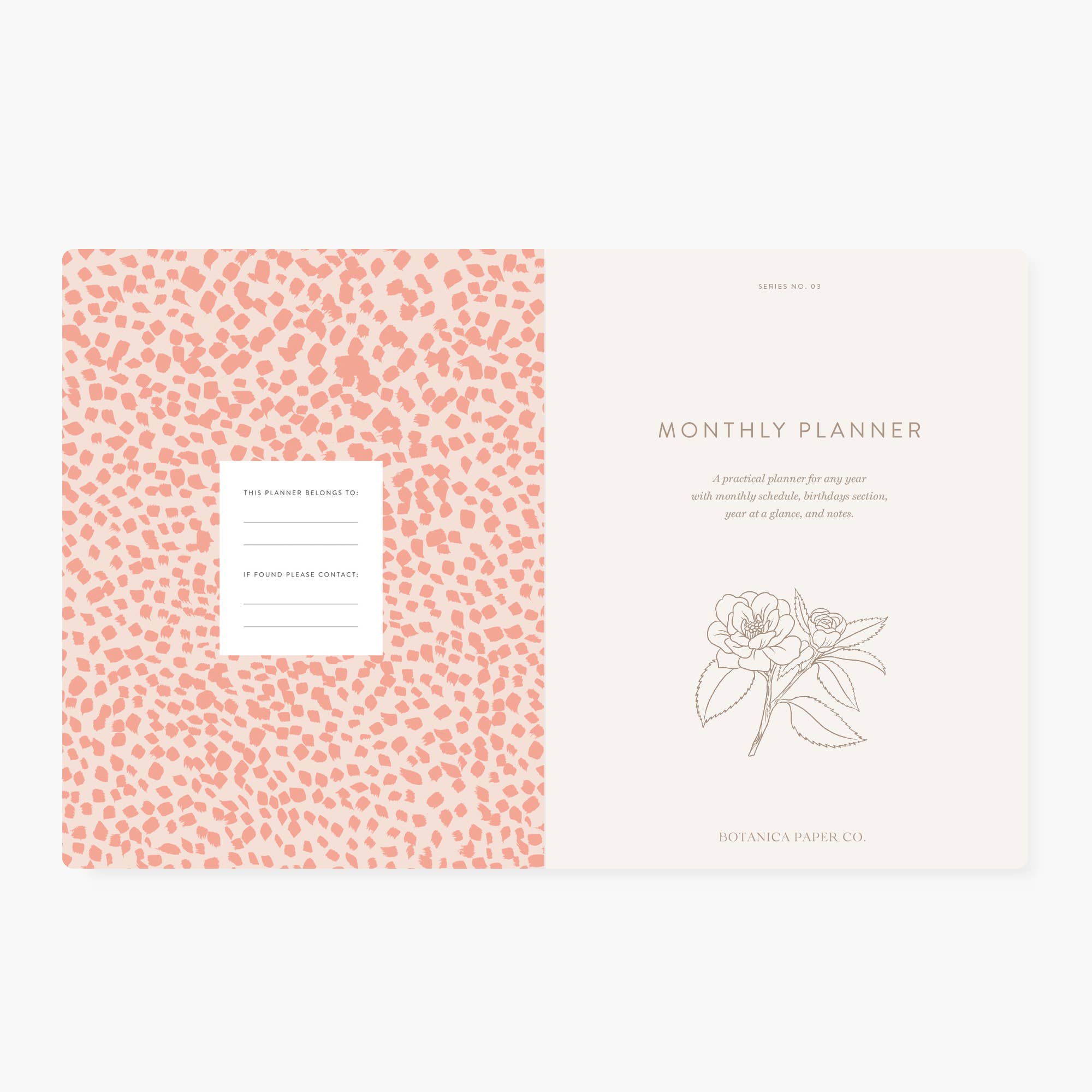 Botanica Paper Co. – Engroshandel Planner – Camellia | Kalender uden dato med månedlig planlægning2